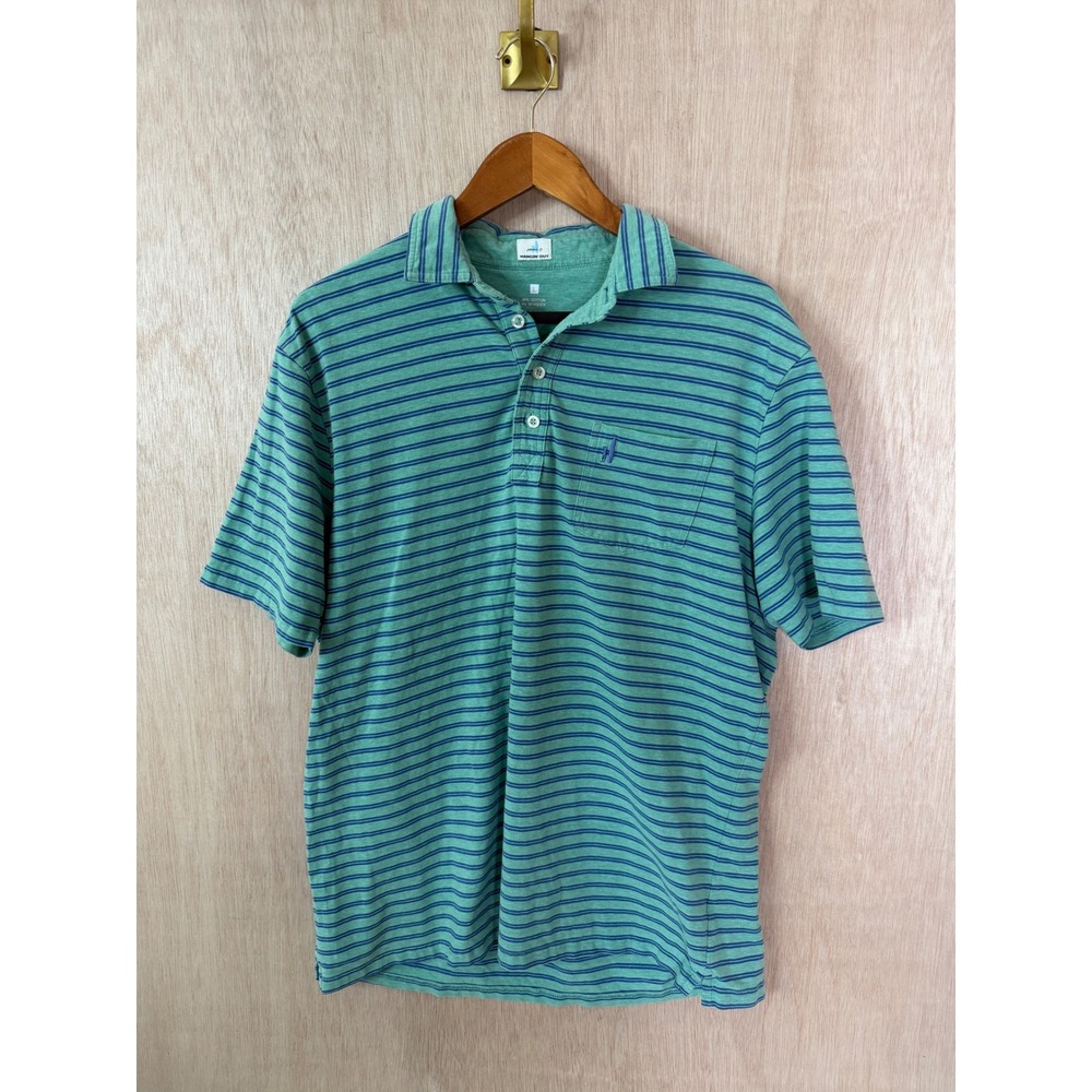 Johnnie-O Hangin Out Mens Large Green Blue Striped Short Sleeve Polo Shirt L